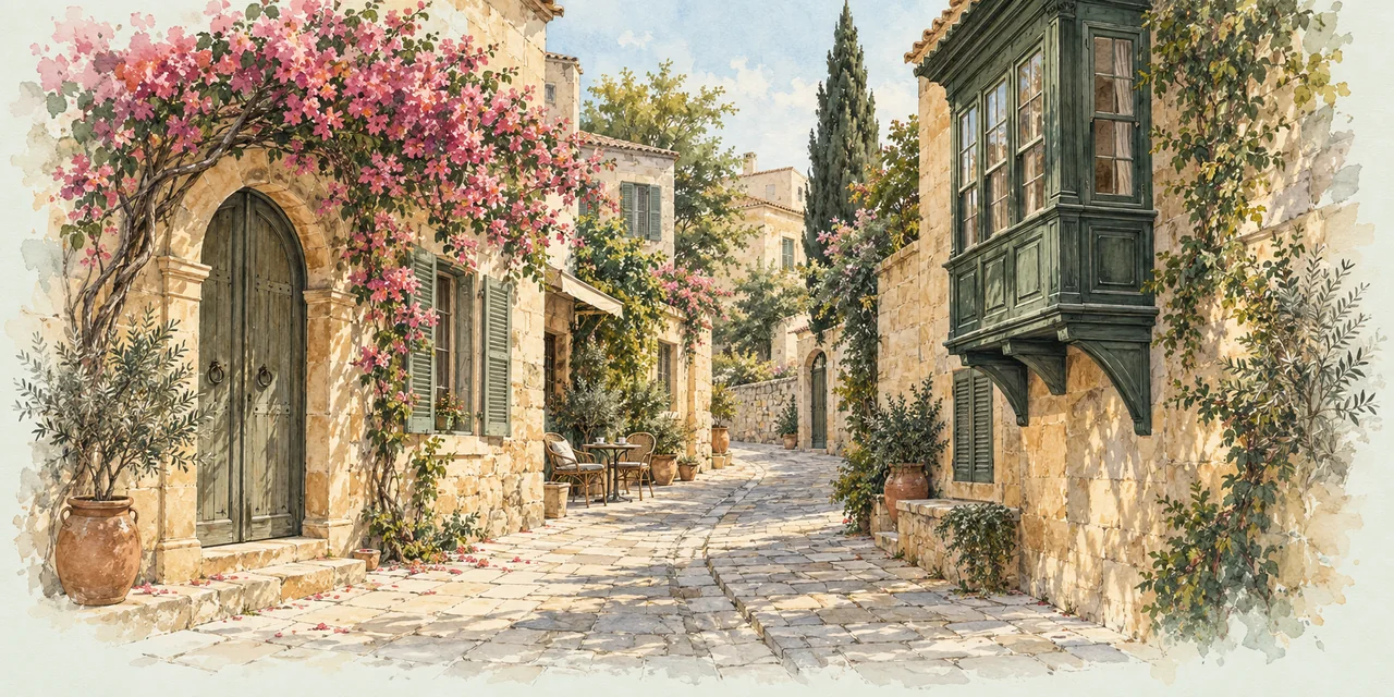 Begonviller, taş evler ve yeşil ahşap cumbayla Kıbrıs sokağını betimleyen suluboya illüstrasyon